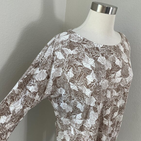 J Jill Womens Large Tan Linen Blend Shirt Seashell Print Top 3/4 Sleeve - Picture 2 of 12